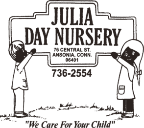 The Julia Day Nursery crest, in use since 1917: two children holding a sign reading Julia Day Nursery, We Care For Your Child
