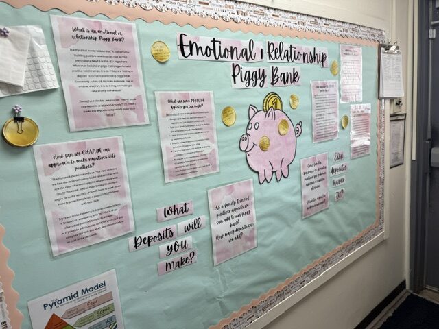 A classroom bulletin board titled Emotional and Relationship Piggy Bank, with a painted pink piggy bank, gold coins and a Pyramid Model poster